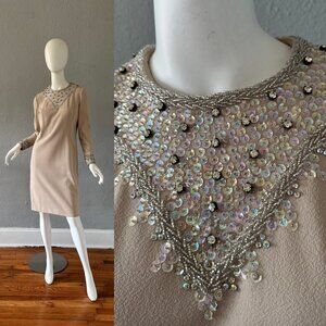 Vintage 60s Beige Beaded Sequin Long Sleeve Cocktail Party Dress M